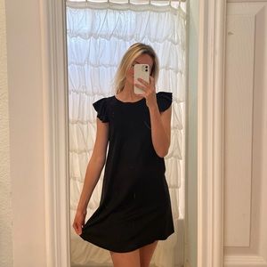 Black, flowy, velvet dress with ruffle sleeve detail